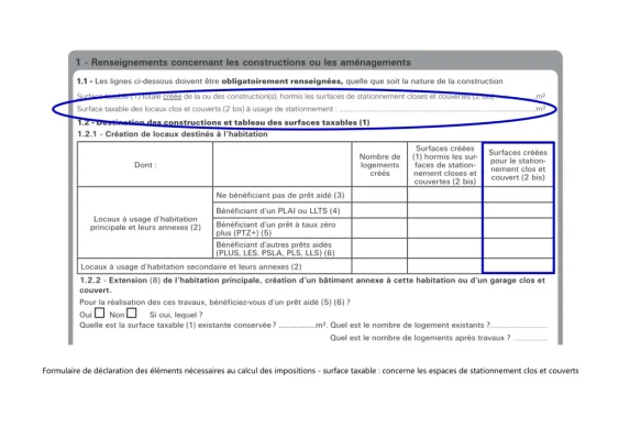 Formulaire de déclaration des éléments nécessaires au calcul des impositions : garage clos et couvert