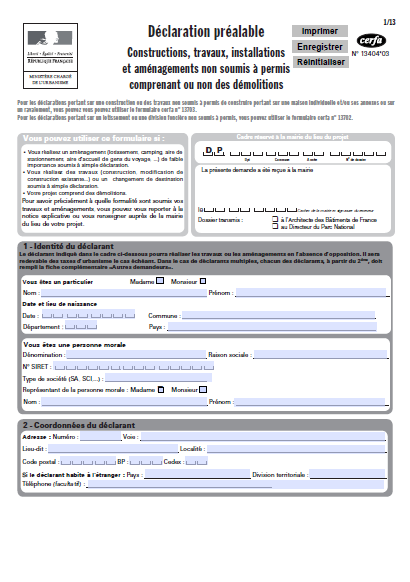 Téléchargez le formulaire CERFA n°13404*03 déclaration préalable de travaux