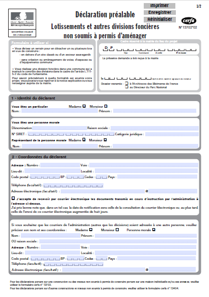 Téléchargez le formulaire de déclaration préalable CERFA 13702*02 lotissement et autres divisions foncières