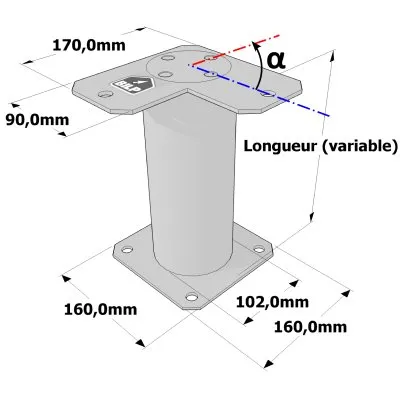 Poteau structurel OSP - D102mm - Platine haute en angle 90x170mm - Embase 160x160mm