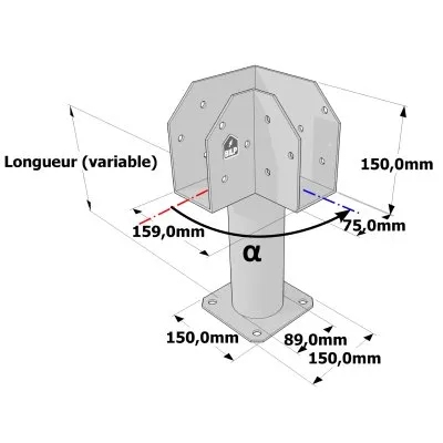 Poteau structurel OSP - D89mm - Platine haute en L 75x159x150mm - Embase 150x150mm