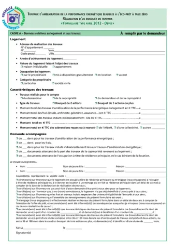 Formulaire Eco-Prêt à Taux Zéro (Eco-PTZ)